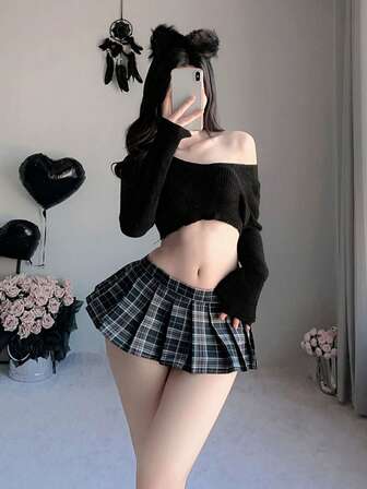 1 套可爱俏皮的 JK 格子迷你裙、低领毛衣套装、百褶裙礼物、角色扮演学生制服套装、校园风格服装、卡哇伊学校 JK 制服、适合情人节、格子印花女学生装，适合化妆舞会、酒吧派对、俱乐部服装、派对角色扮演、万圣节服装