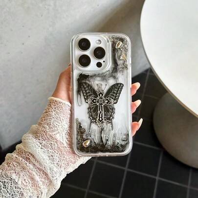 غطاء هاتف بتصميم فراشة صليب بطراز بانك داكن وجوثي متوافق مع أيفون 16 15 14 13 12 برو ماكس بلس 11، غطاء ناعم شفاف إبوكسي بتصميم مائي أسود أنيق، هدية