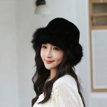 Cappelli classici di colore unito da donna per autunno/inverno, cappello a secchiello in finta pelliccia arricchito, nuovo stile mongolo in colore unito casual in pile di poliestere con decorazioni in pelliccia morbida per l'autunno