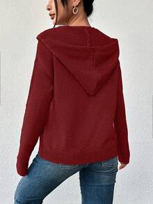 大码女式纯色纽扣抽绳开衫，长袖轻薄单排扣休闲商务毛衣 - 深紅色 - 查看 3