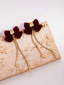 1 par de pendientes colgantes con lazo rojo elegante y suave con flecos para mujeres - Borla de lazo - Ver 2
