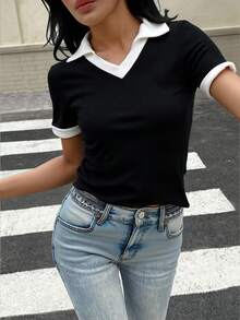 Playera camiseta tipo polo dama mujer casual crop top cuello puños contraste básica ceñida ajustada entallada acanalado cómoda fresca ligera diario moderna juvenil - Negro - Ver 5