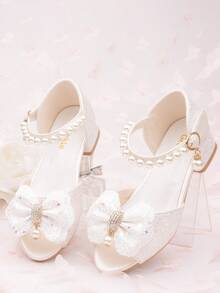 Girls' Crystal High Heel Sandals With Bow, Princess Shoes, White