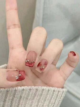 10 件纯手工按压指甲短椭圆形指甲红色可爱纯色尖头酒红色钢球猫眼法式心形适合女士和女孩春夏日常生活