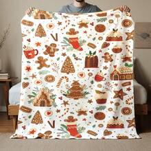 1pc Christmas Flannel Blanket With Gingerbread Man, Gingerbread House, Candy Cane, And Stocking Print, Soft And Warm Throw Blanket, Perfect Gift For Family And Friends, Suitable For Christmas Decor, Bedroom, Living Room, Office, Camping - White - View 9
