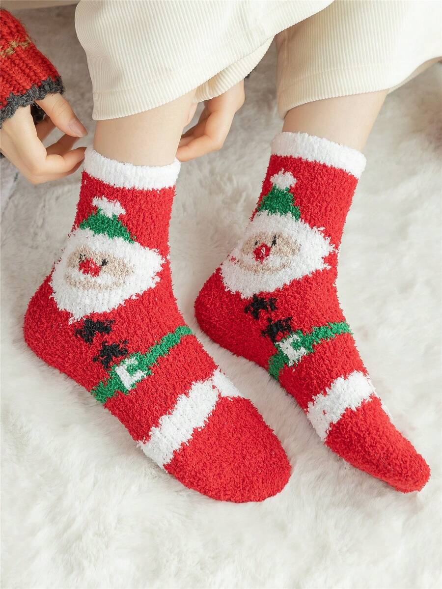 1 par de calcetines de media caña gruesos, suaves y cálidos de doble cara con diseño de Papá Noel para adolescentes/niños en Navidad - Rojo - Ver 1