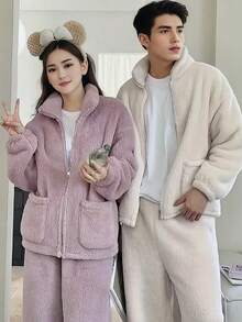 1 Piece Solid Color Simple Coral Fleece & Flannel Cashmere-Like Half-Fleece Pajama Set, Unisex (Couple-Style) Thermal Lined Thickened Comfortable Soft Solid Color Casual Pajama & Bath Robe Set For Autumn And Winter, Suitable For Daily Home Wear And Sleeping(The Style Of The Zipper Is Random.)