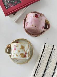 1set Vintage Crackle Glaze Ceramic Coffee Cup & Saucer Set, Cherry & Strawberry Mugs, Breakfast Milk Cup, Bread Plate, Home Afternoon Tea Coffee Cup, Latte Art Cup, Juice Beverage Cup, Couple Water Cup, Holiday Gift For Family & Friends