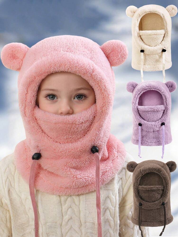 1 Peça Balaclava Infantil de Veludo Quente de Inverno para Meninos e Meninas, Balaclava de Fleece Multifuncional à Prova de Vento, Tamanho Único com Orelhas de Urso, Chapéu Quente de Inverno - Balaclava com orelhas - Visão 1