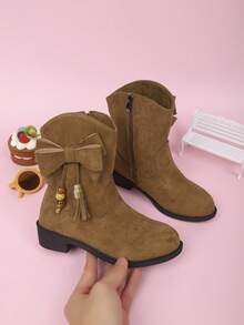 1 Paar Kinderstiefel, modische Stiefel bis zur Wade, seitlicher Reißverschluss mit Schleifen-Dekor Einfarbig Veloursleder, vielseitig für Mädchen Outdoor-Tragen im Herbst/Winter