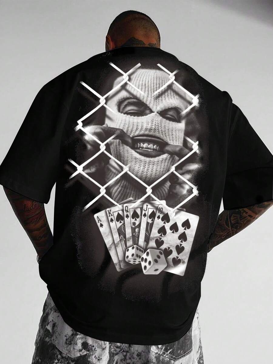 1 chiếc áo thun nam tay ngắn cỡ lớn, thích hợp mặc hàng ngày, in hình quân bài và chân dung, chất liệu nhẹ, phù hợp cho mùa hè. - màu đen - Xem 1