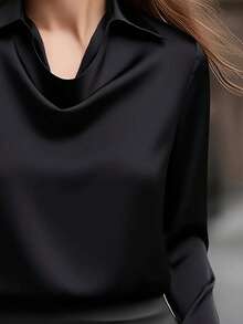 Elegante camiseta de cuello drapeado de satén blanco - 100% poliéster, lavable a máquina, adecuada para uso casual y profesional, cómoda todo el año, rosa primaveral - Negro - Ver 6