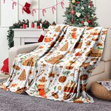 1pc Christmas Flannel Blanket With Gingerbread Man, Gingerbread House, Candy Cane, And Stocking Print, Soft And Warm Throw Blanket, Perfect Gift For Family And Friends, Suitable For Christmas Decor, Bedroom, Living Room, Office, Camping - White - View 2