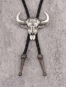 1pc Punk Western Cowboy Bull Head Embossed Bolo Tie Necklace, Versatile Braided Necktie Choker Necklace, Gift For Father/Boyfriend
