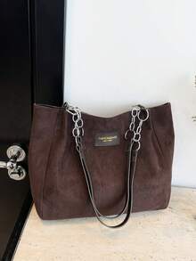 Vintage Suede Tote Bag For Women, Large Capacity Shoulder Bag With Letter Foil Decor, Adjustable Chain Strap, Casual Commuter Handbag, Autumn/Winter