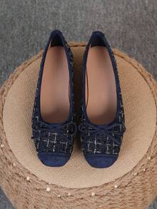 Women's Ballet Flats, Fashionable Square Toe Slip-On Soft Bottom Shoes, Versatile Flat Shoes, Blue & Gold Plaid Bow Flat Loafers, Size Run Large, Plus Size 35-43