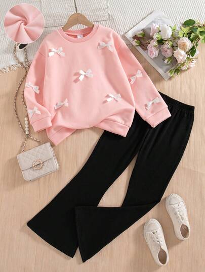 2pcs Girls Casual Outgoing Fashion Solid Color Bow Decor Round Neck Drop Shoulder Long Sleeve Fleece Sweatshirt And Pants Set, Autumn/Winter