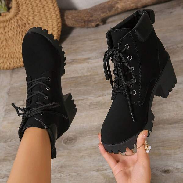 Botas de tacón 2025, botas cortas con plataforma, suela gruesa y cordones, impermeables, tallas grandes para mujeres, nuevos modelos de otoño/invierno 2025