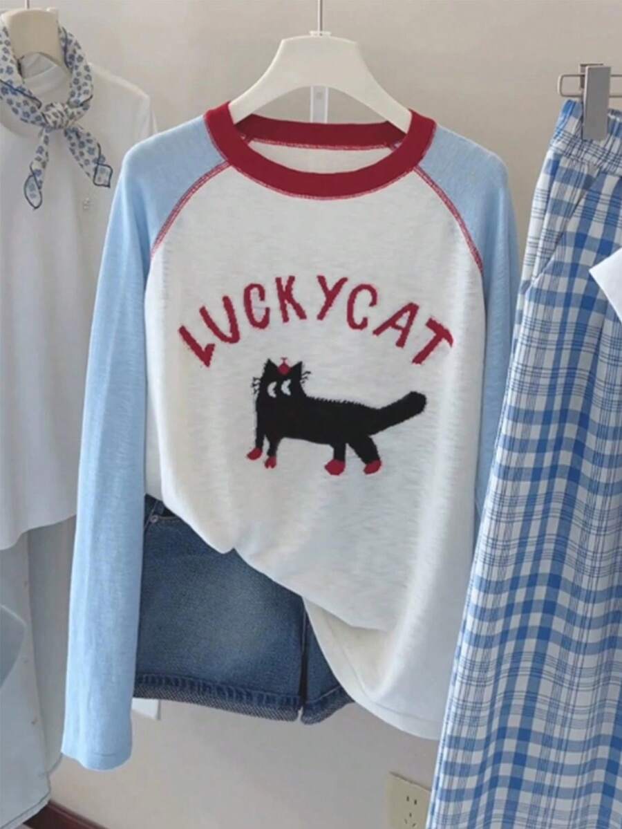 女童拼色猫咪插肩袖 T 恤,可爱图案 T 恤,带有“LUCKY CAT”文字和黑猫图案,舒适百搭,适合 8-12 岁 - 白色 - 查看 1