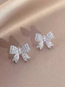 1 Pair Of Sparkling Crystal Bow Earrings For Girls Ears Exquisite Wedding Valentine's Day Christmas Gift Valentine's Day Mom Mother Mother's Day Gift - one-size - View 1