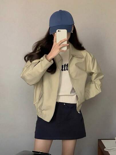 Women's Casual Loose Fit Bomber Jacket With Collar, High-Quality Autumn Tops