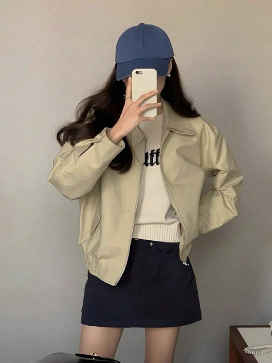 Women's Casual Loose Fit Bomber Jacket With Collar, High-Quality Autumn Tops