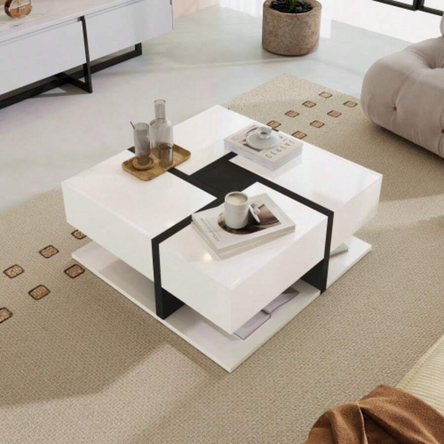 Mesa de centro brilhante com 4 gavetas em uma paleta de cores exclusiva e um design linear com armazenamento embaixo. 78 x 78 x 36 cm