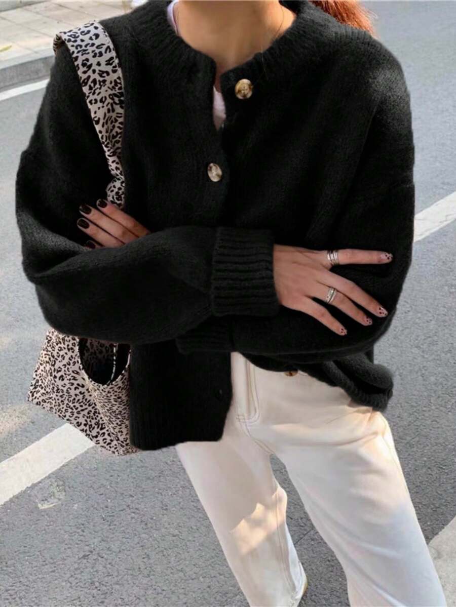 EAVA 女士复古休闲通勤宽松针织开衫毛衣外套，适合秋冬季节，街头风女装，老钱风女装，黑色 - 黑色 - 查看 1