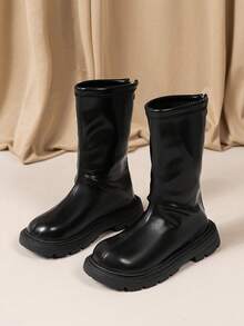 1 双女童皮靴，2025 年新款冬季儿童保暖内衬中筒靴，软底女童靴，适合大童 - 黑色 - 查看 6