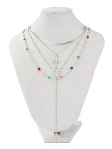 4pcs/Set Retro Metal Jesus Cross Pendant Y-Necklace, Stylish Bohemian Colorful Crystal Bead Necklace Set, Suitable For Women Daily And Vacation Wear, Holiday Gift For Friends (Crystal Bead Color And Quantity May Vary From Actual Item)