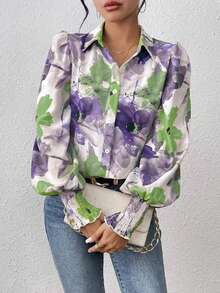 Women's All-Over Floral Print Button Down Casual Shirt Vacation Spring - Purple - View 8