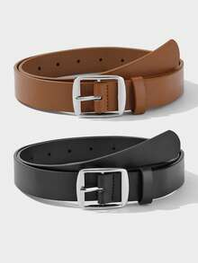 2pcs/3pcs Set White K Color Square Buckle Fashion Decorative Versatile Suitable For Daily Use PU Belt Set - Multicolor - View 8