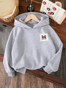 Young Girl Bow & Letter Pattern Warm Hoodie Sweatshirt, Autumn - Grey - View 2