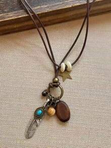 1pc Vintage Long Feather Star Necklace, Double-Layer Bowknot Sweater Chain (1-2 Black Beads Random)