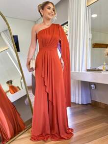 One Shoulder Long Prom Dress With Elegant Slit One Size Simple Elegant Party Beach - 亮橙色 - 查看 2