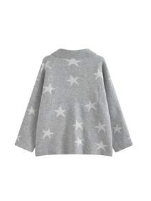 女士灰色星星图案针织开衫，春秋季，韩版休闲风格，高品质毛衣上衣（星星位置随机） - 灰色 - 查看 2