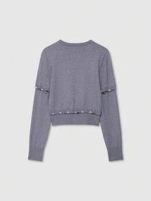 Button Decor Removable Round Neck Long Sleeve Knit Sweater - Grey - View 2