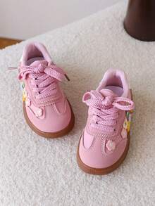 1 双女童花卉图案休闲运动鞋，软底学生运动鞋，秋季 - 粉色 - 查看 6