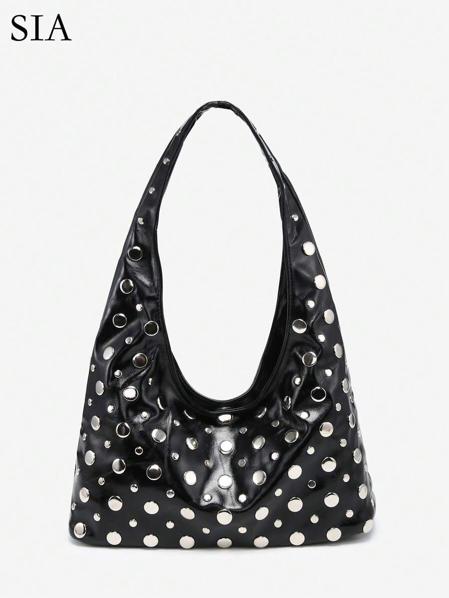 1pc Women's Retro Punk Crescent Moon Shaped Faux Leather Shoulder Bag, Large Capacity, Suitable For Outings, Parties And Daily Wear - 黑色 - 查看 1