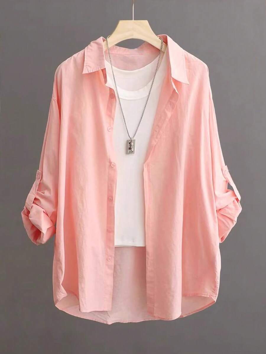 女士轻薄长袖防晒衬衫开衫 - 西瓜粉 - 查看 1