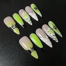 10-Piece Set Of Handmade Wearable Manicure, Green French Zebra Print Leopard Print 3D Three-Dimensional Striped Flower Relief Patch, Full Coverage And Reusable. - M - View 3
