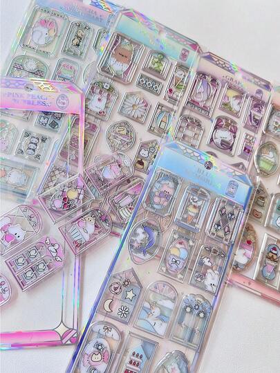 12-14pcs Glass Window Stickers, 3D Holographic Stickers, Laser Diary/Water Cup Decor