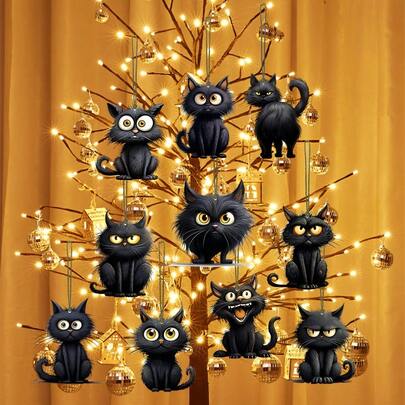 10 peças de enfeites de madeira para pendurar em forma de gato preto, decorações artesanais para festas, presente perfeito para Natal e Halloween