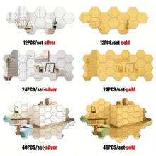 12/24/48pcs 3D Geometric Hexagon Acrylic Mirror Wall Stickers, Removable Decorative Mirrors, Hexagon Art Decor, For Home Decor, Stickers, Wall Decor, Self-Adhesive & Reusable, Shiny Feature, Glossy, For Home Decor, Room Makeover, Modern Home Decor, Renew Your Home, Rama Decor Sticker Gift Birthday Graduation Wall Decor Room Decor Wall Mirror Bathroom Decor Living Room Decor Bedroom Decor Kitchen Decor