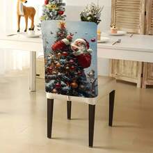 1pc/4pcs/6pcs/10pcs Christmas Santa Claus Printed Plush Chair Cover, Removable Short Plush Fabric Chair Slipcover With Snowflake & Bird Pattern, Suitable For Dining Room, Living Room, Office, Hotel And Home Decor