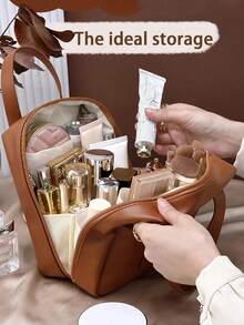 1pc Travel Makeup Bag, PU Toiletries Bag,Multi-Functional Storage Bag, Beauty Storage Bag, Perfume Storage Box, Large Capacity Cosmetic Bag, Holiday Travel Toiletry Bag,Waterproof Makeup Bag,Organization And Storage, Beach Bag, Handbag,Vanity,Summer Travel Essentials,Bohemian Style, Minimalist Style