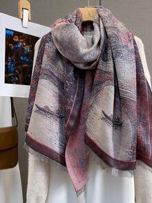 1pc Elegant Landscape Oil Painting Thick Faux Cashmere Jacquard Scarf, Women's Versatile Shawl Wrap For Autumn/Winter