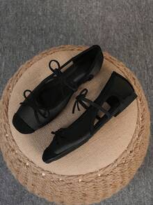 Women's Ballet Flats, Fashionable Square Toe Slip-On Soft Bottom Shoes, Versatile Flat Shoes, Black Hollow Flat Bowknot Loafers, Size Run Large, Plus Size 35-43