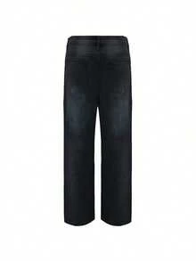 Teen Boy Plain Color Belted Straight Leg Casual Wide Leg Jeans - Black - View 4