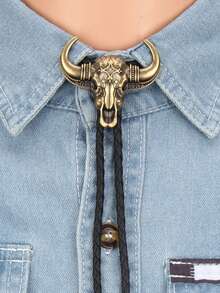 1pc Punk Western Cowboy Bull Head Embossed Bolo Tie Necklace, Versatile Braided Necktie Choker Necklace, Gift For Father/Boyfriend